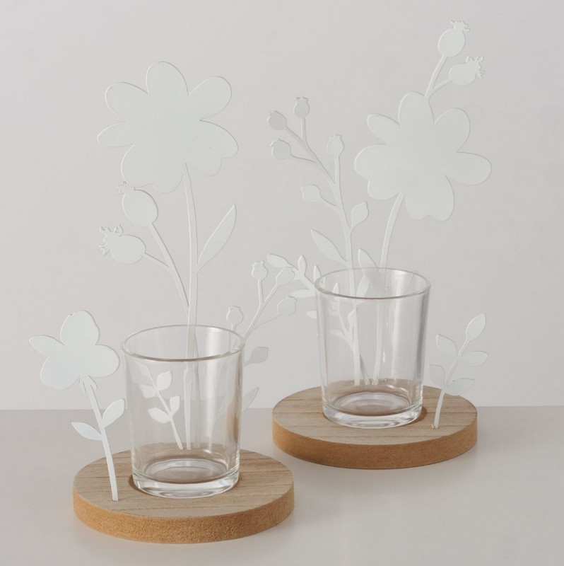 Portacandele in vetro con rosa canina in metallo su base di legno in 2 varianti assortite, perfetto come decoro autunnale